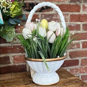 Nicole Miller White Basket Planter with Pink & White Tulips and Pastel Eggs